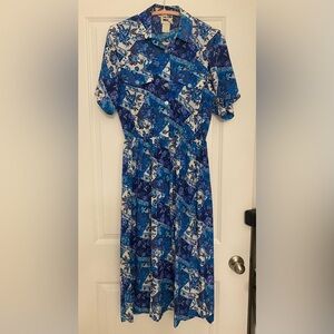 Vintage Leslie Fay Blue and White Floral Midi Dress